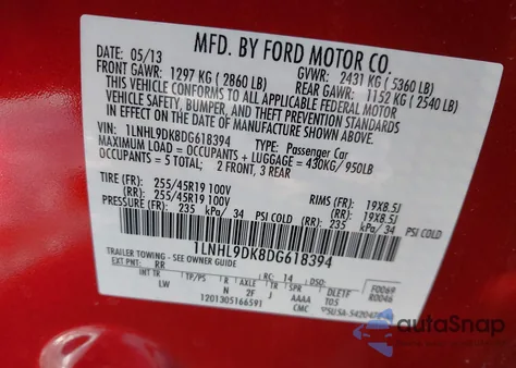 2013 Lincoln Mks из США, поврежденный, VIN 1LNHL9DK8DG618394